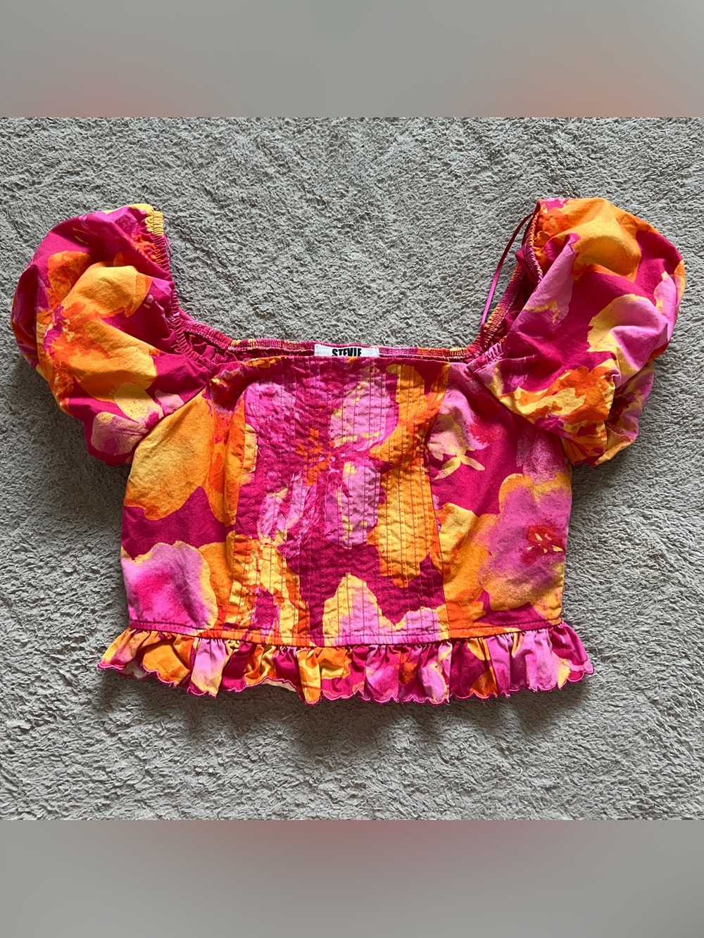 Steve Madden Floral Puff Sleeve Smocked Crop Top Preppy Cottage Vacation Sz S
